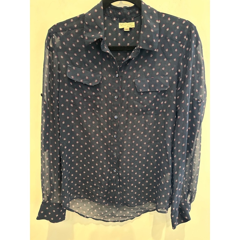 Wyld Hart Women Navy Blue Medallion Print Sheer Button Up Blouse Small RN141357